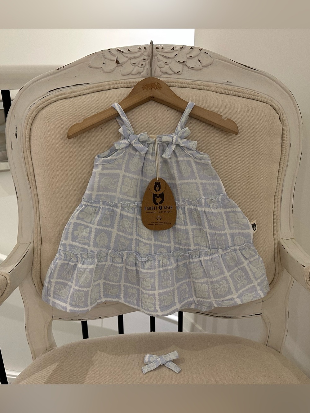 🤍 12 Mth Organic Cotton Rabbit & Bear Light Blue Patterned Baby Dress NWT